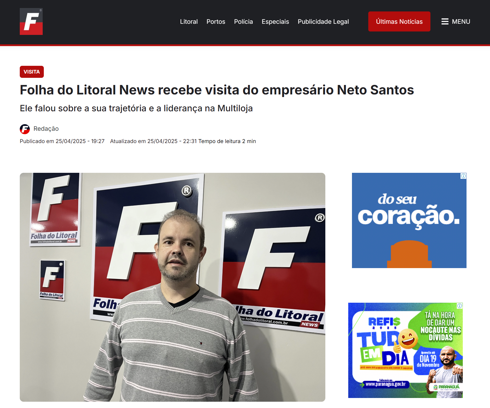 Neto Santos fala sobre trajetória e legado familiar em entrevista à Folha do Litoral News